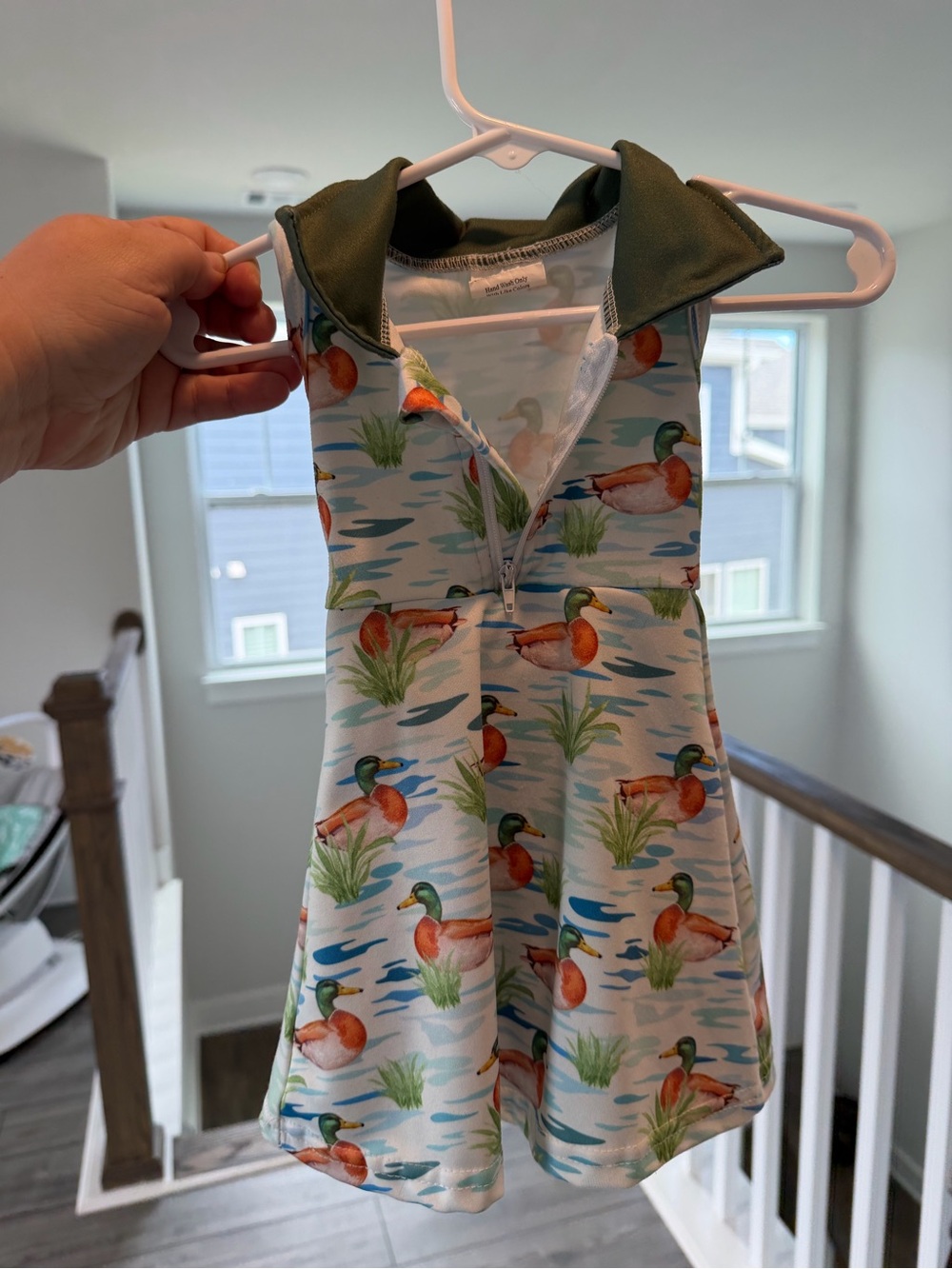 Duck Print Polo Dress with Olive Collar